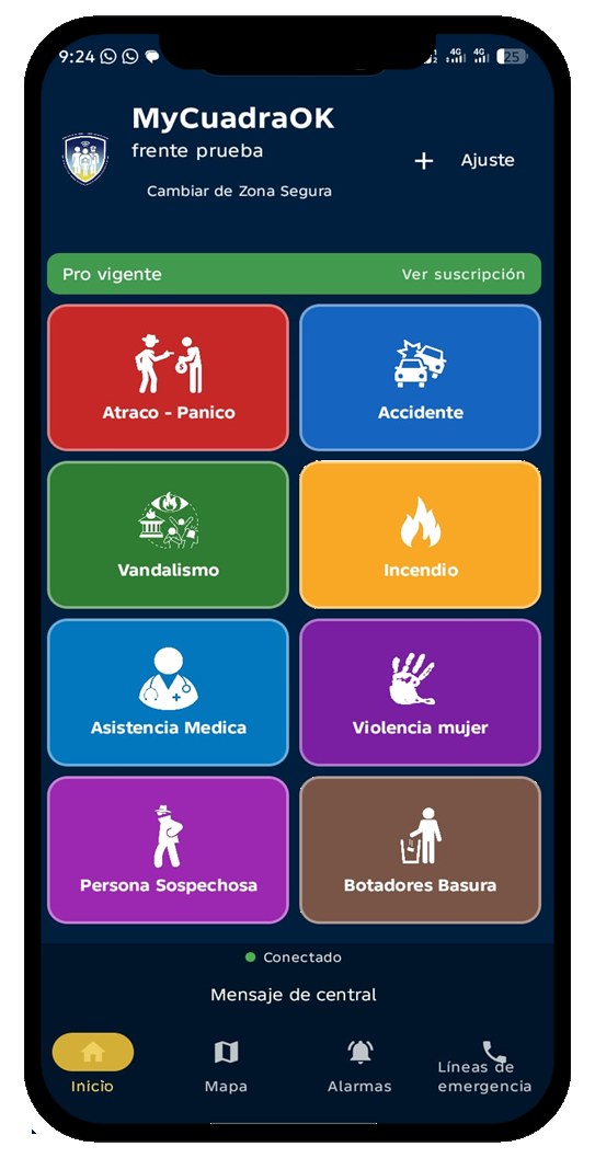 Aplicación MyCuadraOK con tipos de alerta en el celular